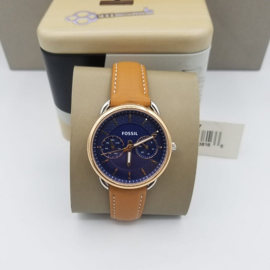 Fossil Tailor Date-Day Quartz Blue Dial Brown Leather Strap Watch for Women - ES4257