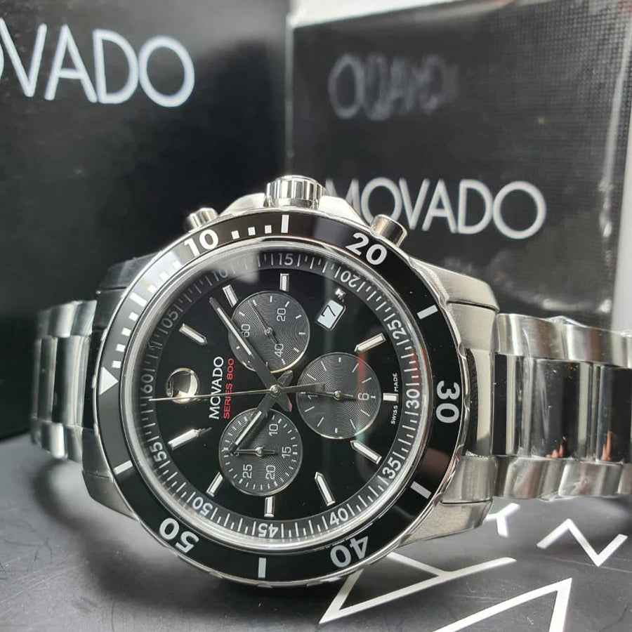 Movado Series 800 Chronograph Black Dial Silver Steel Strap Watch For Men - 2600142