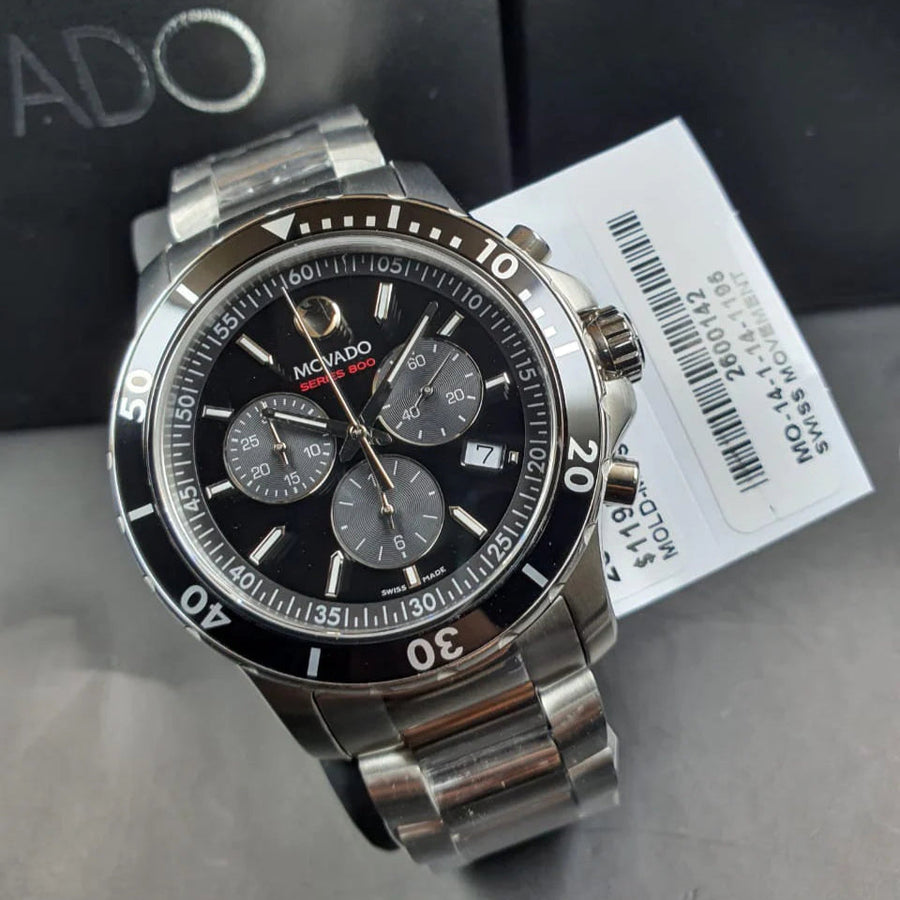 Movado Series 800 Chronograph Black Dial Silver Steel Strap Watch For Men - 2600142