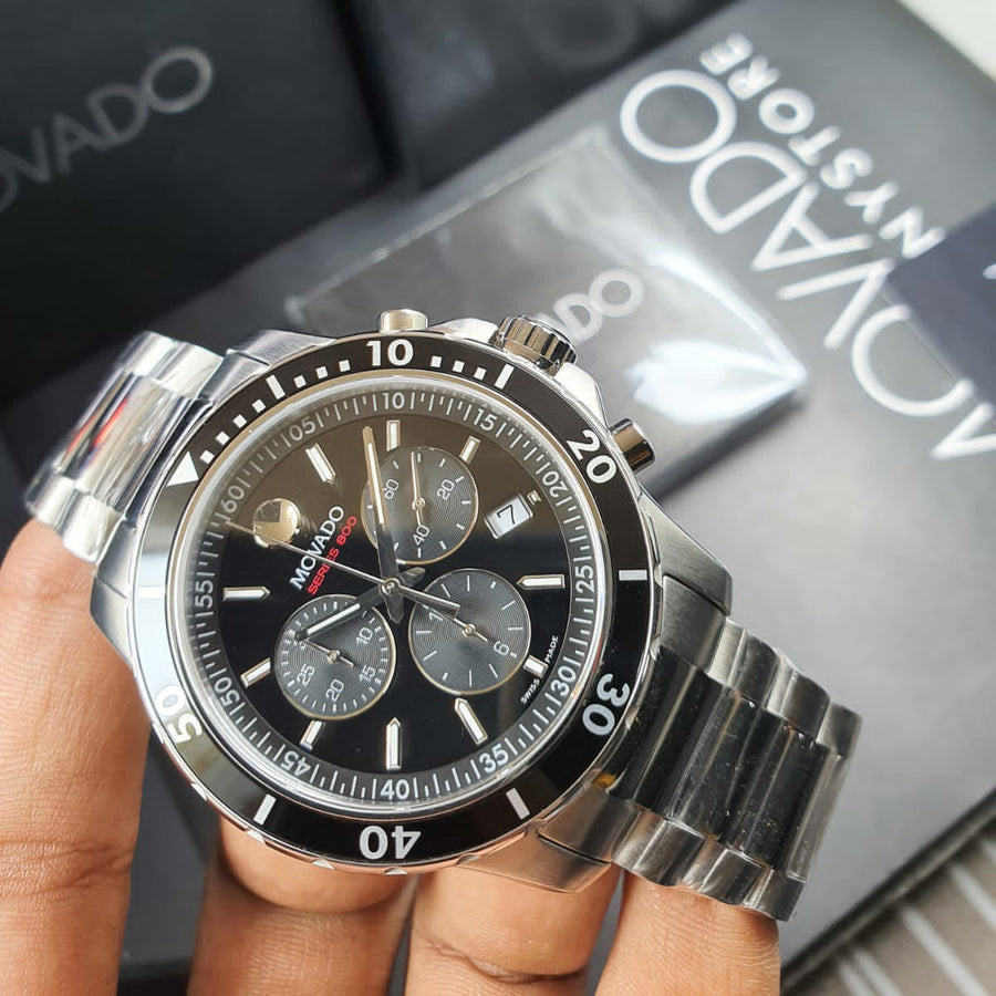 Movado Series 800 Chronograph Black Dial Silver Steel Strap Watch For Men - 2600142