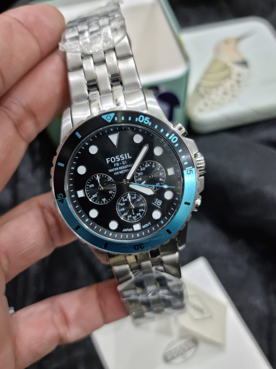 Fossil FS5827 FB-01 Chronograph Men’s Watch – Black Dial with Silver Steel Strap
