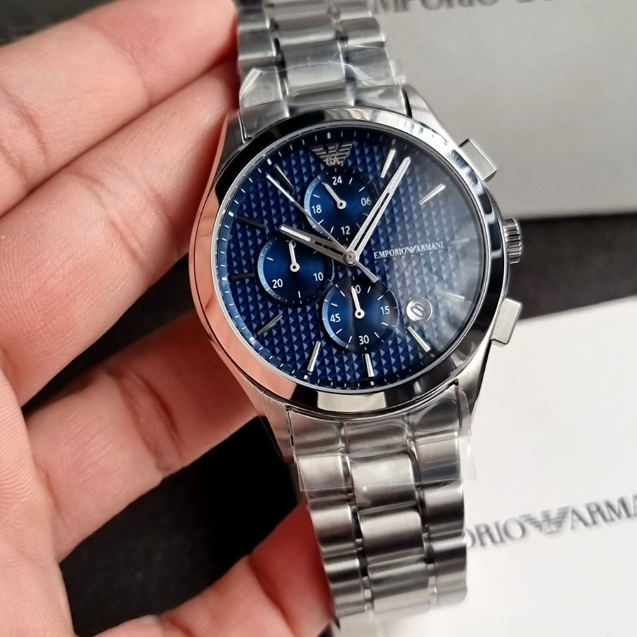 Emporio Armani Chronograph Blue Dial Silver Steel Strap Watch For Men - AR11528