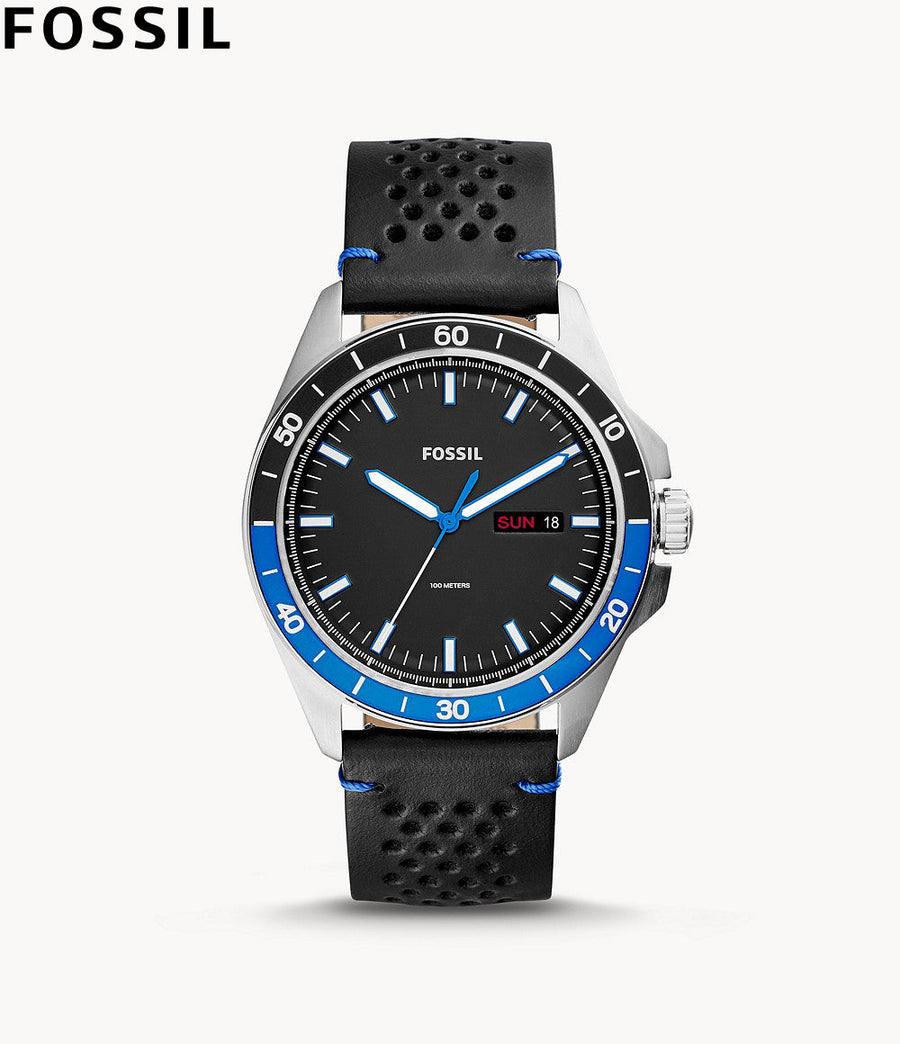 Fossil Sport 54 Day Date Black Dial Black Leather Strap Watch for Men - FS5321