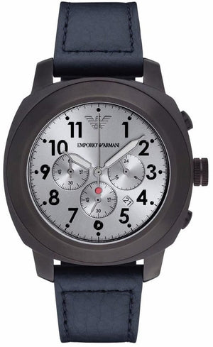 Emporio Armani Sportivo Chronograph Silver Dial Blue Leather Strap Watch for Men - AR6086