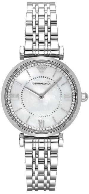 Emporio Armani Gianni T-Bar Mother of Pearl Dial Silver Steel Strap Watch for Women - AR11701