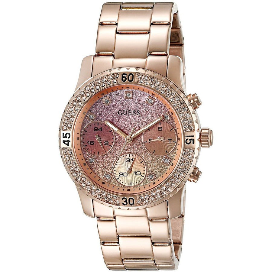 Guess Confetti Pink Dial Rose Gold Steel Strap Watch For Women - W0774L3