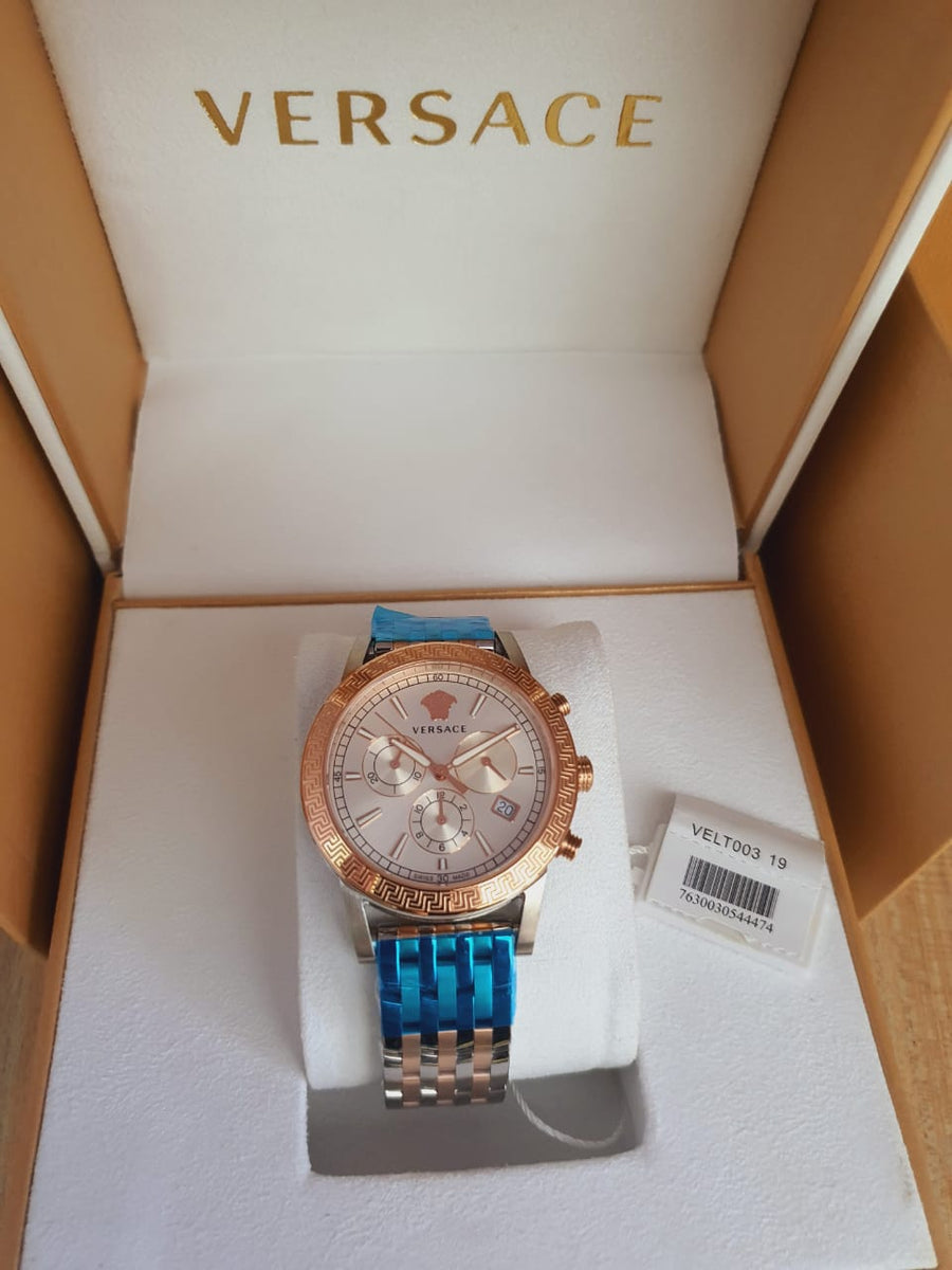 Versace Sport Tech Chronograph While Dial Two Tone Steel Strap Watch for Men - VELT00319
