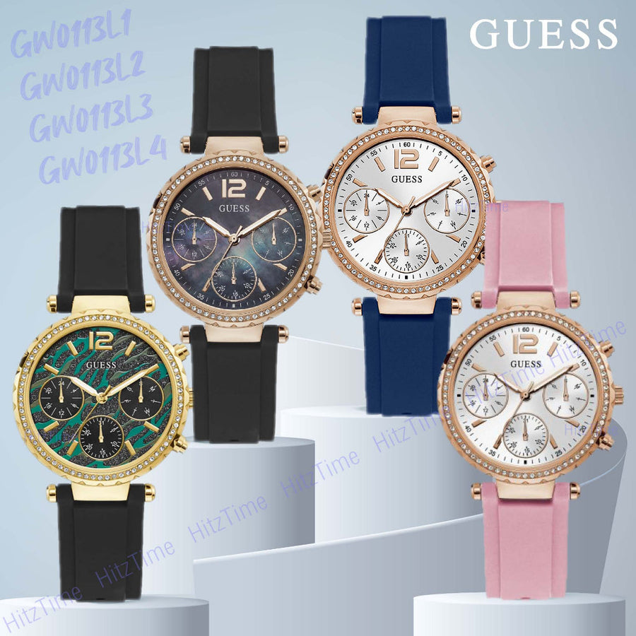 Guess Solstice Diamonds White Dial Pink Rubber Strap Watch For Women - GW0113L4