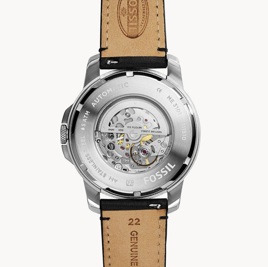 Fossil Grant Automatic Skeleton White Dial Black Leather Strap Watch for Men - ME3101