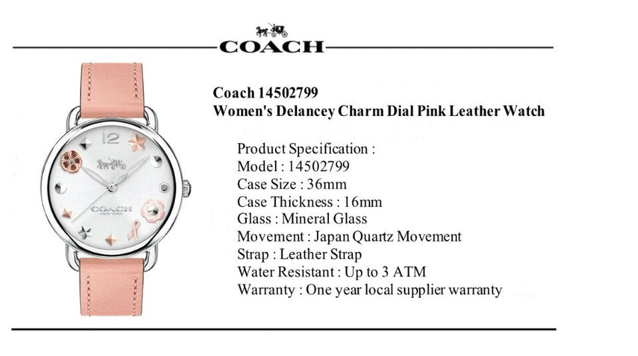 Coach Delancey White Dial Pink Leather Strap Watch for Women - 14502799