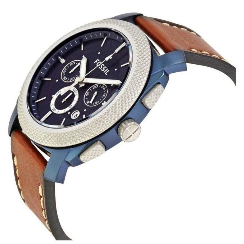 Fossil Machine Chronograph Blue Dial Brown Leather Strap Watch for Men - FS5232