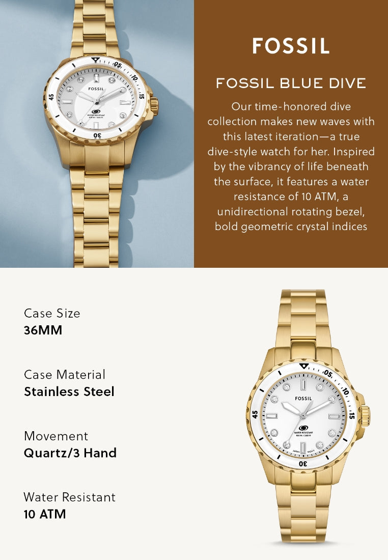 Fossil ES5350 Blue Dive Women’s Watch – White Dial with Gold Stainless Steel Strap & 3-Hand Movement