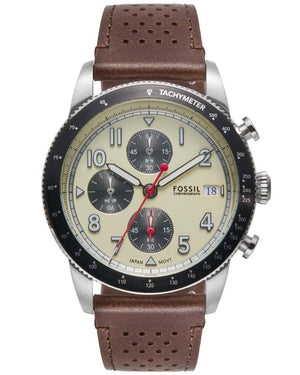 Fossil Sport Tourer Chronograph White Dial Brown Leather Strap Watch for Men - FS6042