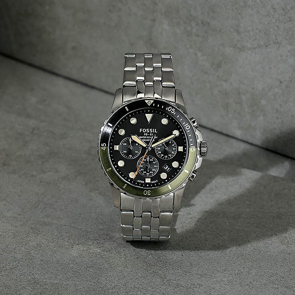 Fossil FB-01 Chronograph Black Dial Silver Steel Strap Watch for Men - FS5864