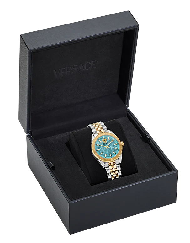 Versace V-Code Analog Turquoise Dial Two Tone Steel Strap Watch for Women - VE8I00524