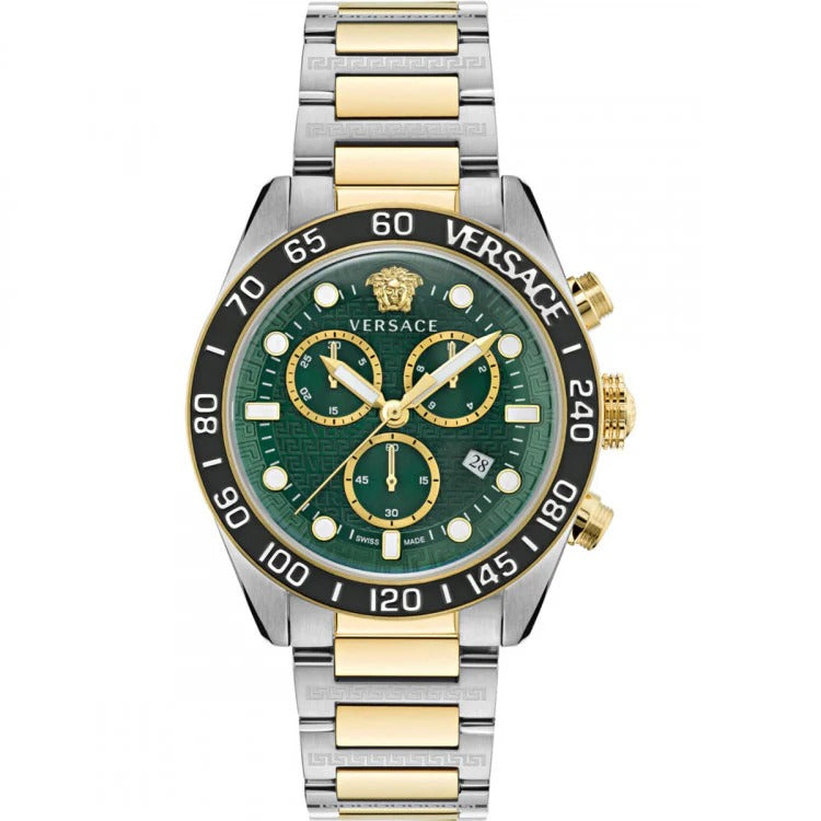 Versace Greca Dome Chronograph Green Dial Two Tone Steel Strap Watch for Men - VE6K00423
