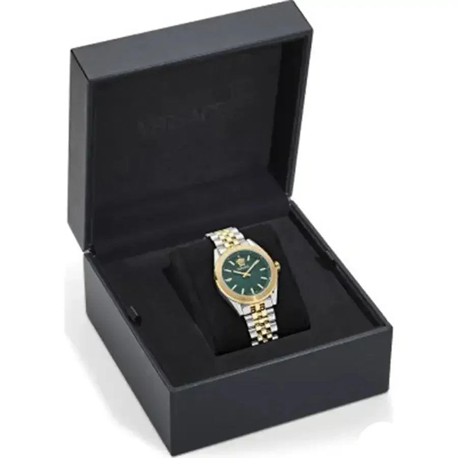 Versace V-Code Analog Green Dial Two Tone Steel Strap Watch for Women - VE8I00424