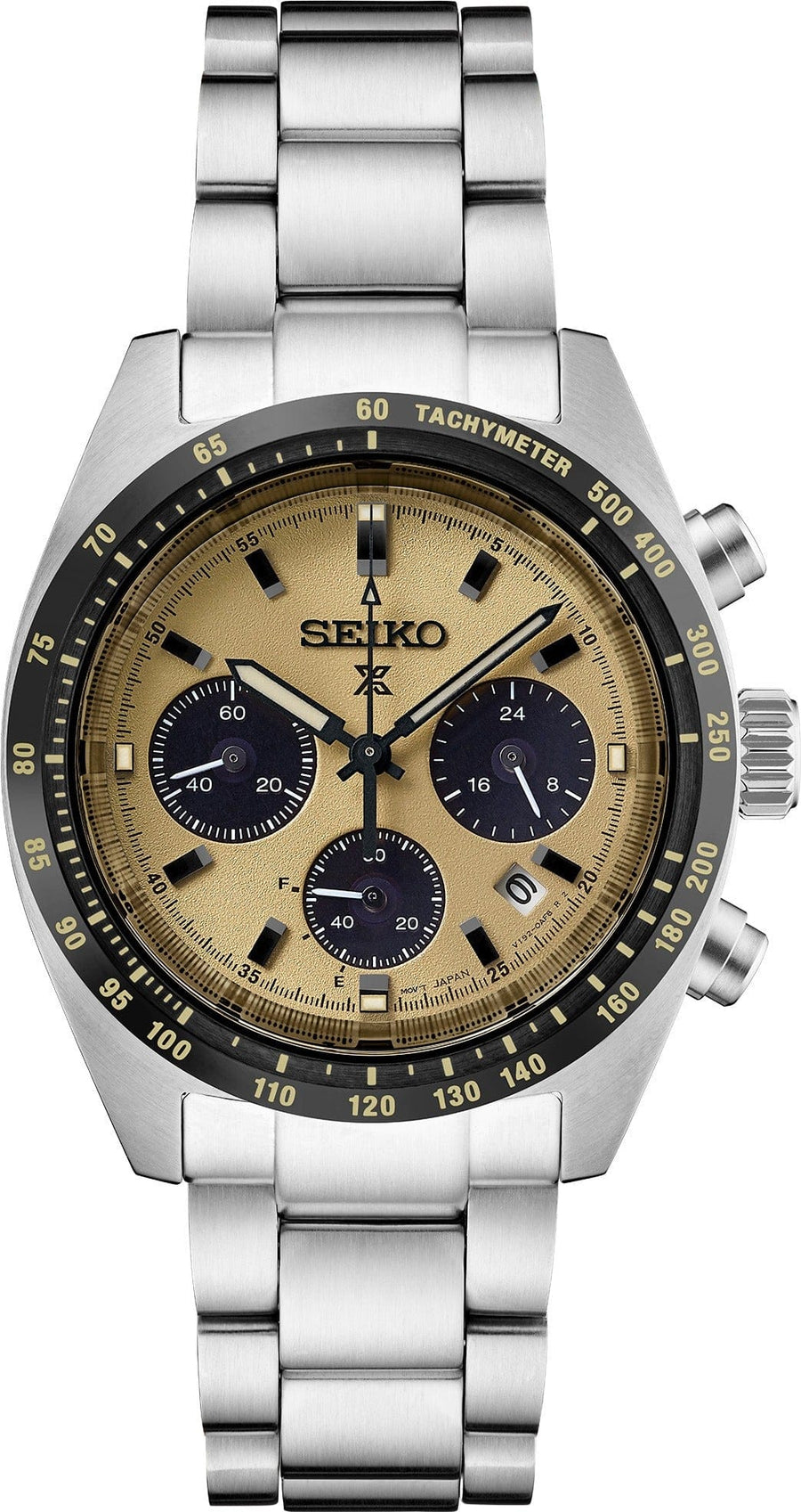 Seiko Prospex Speedtimer Solar Chronograph Gold Dial Silver Steel Strap Watch for Men - SSC817