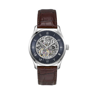 Hugo Boss Principle Skeleton Blue Dial Brown Leather Strap Watch for Men - 1514305