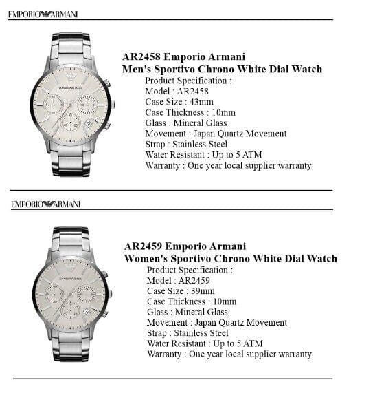 Emporio Armani Renato Chronograph White Dial Silver Steel Strap Watch for Women  - AR2459