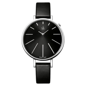 Calvin Klein Equal Black Dial Black Leather Strap Watch for Women - K3E231C1