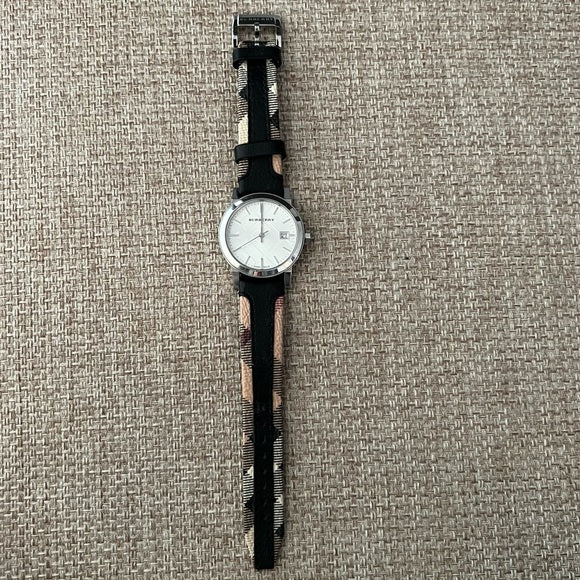 Burberry The City White Dial Black Haymarket Leather Strap Watch for Women - BU9150