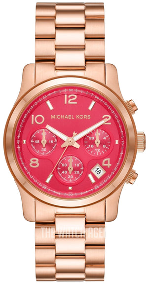 Michael Kors Runway Chronograph Pink Dial Rose Gold Steel Strap Watch For Women - MK7352