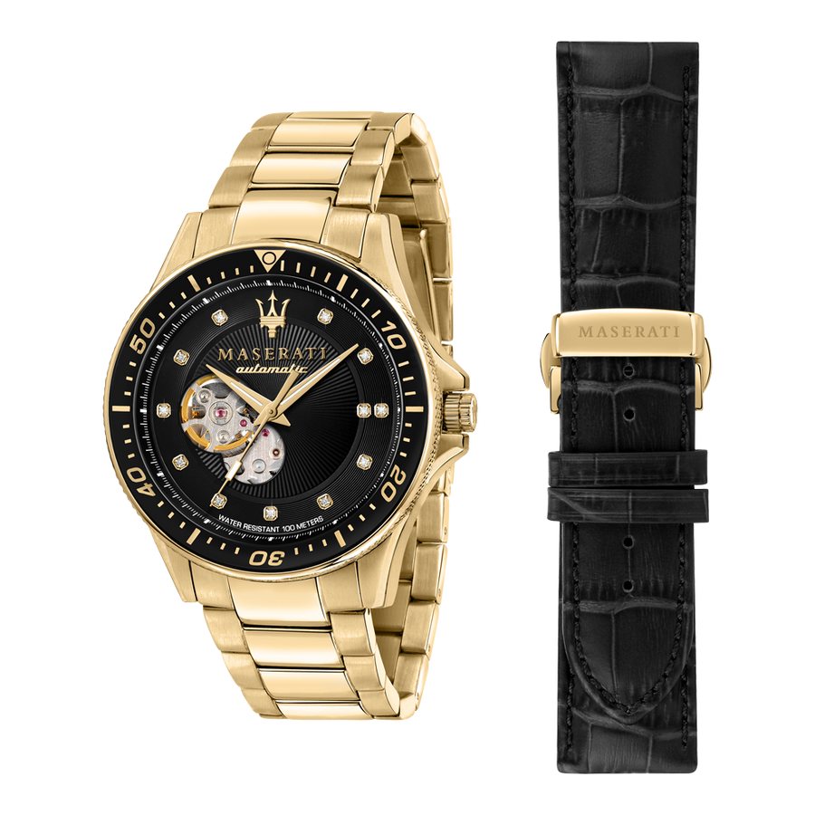 Maserati SFIDA Black Dial Yellow Gold Toned Stainless Steel Watch For Men - R8823140003