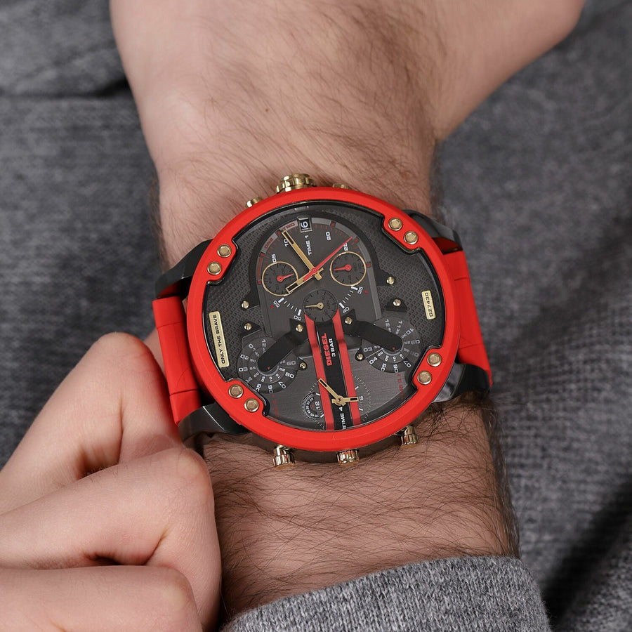 Diesel Mr Daddy 2.0 Chronograph Grey Dial Red Rubber Strap Watch For Men - DZ7430