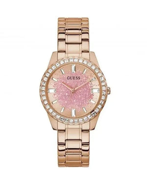 Guess Glitter Diamonds Pink Dial Rose Gold Steel Strap Watch for Women - GW0405L3