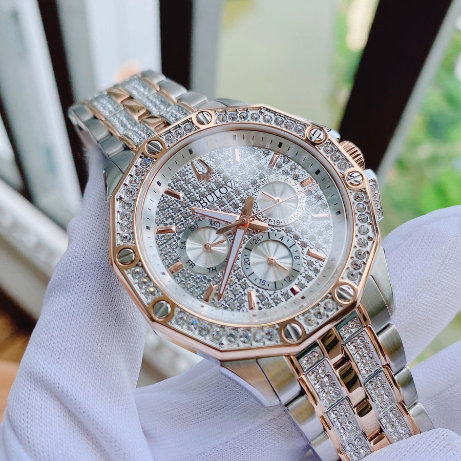 Bulova Octova Crystal Silver Dial Two Tone Steel Strap Watch for Men - 98C133