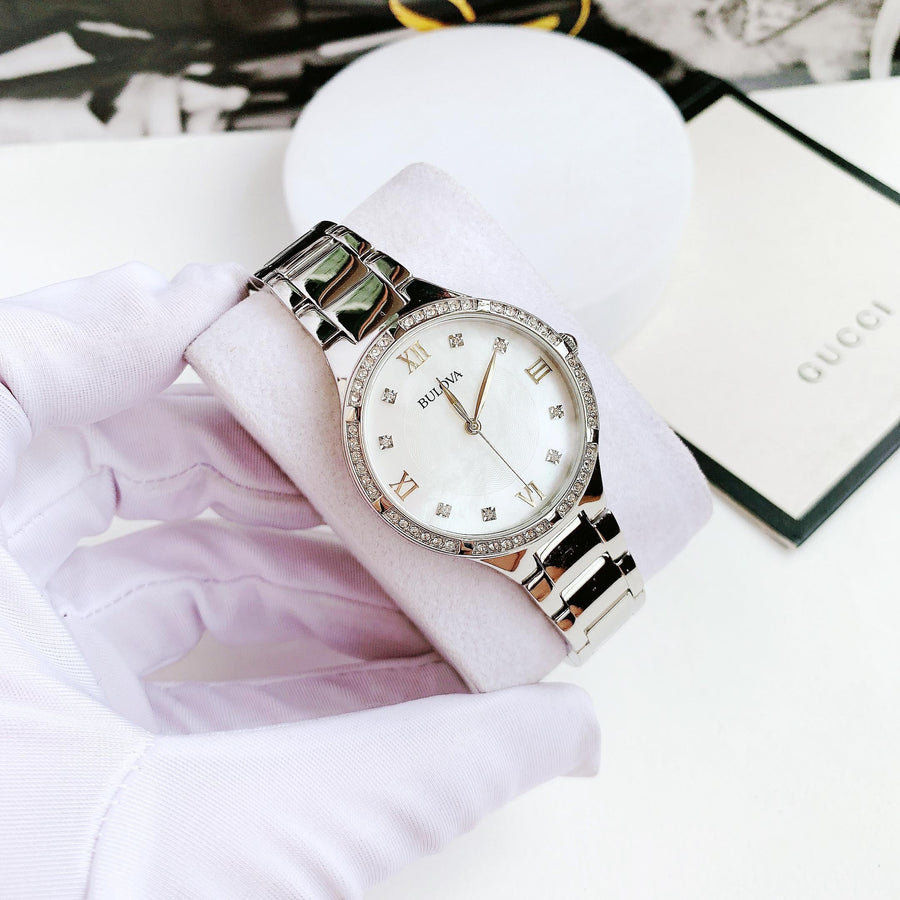 Bulova Crystal Collection Mother of Pearl Dial Silver Steel Strap Watch for Women - 96L263